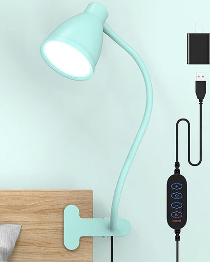BOHON Desk Lamp with Clamp, 10W 38 LED Clip on Light, 3 Color 10 Brightness Auto Off Timer, Flexible Gooseneck Clip Lamp, Desk Lights for Office Home Bed Bedside Reading, Adapter Include, Teal - LeafyLoom