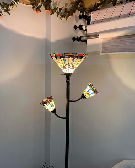 Bieye L10812 Mission Tiffany Style Stained Glass Floor Lamp for Reading Working Decorating, 3-Lights, 70 inches Tall - LeafyLoom