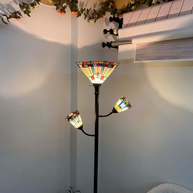 Bieye L10812 Mission Tiffany Style Stained Glass Floor Lamp for Reading Working Decorating, 3-Lights, 70 inches Tall - LeafyLoom