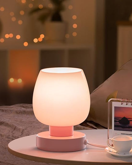 Pink Touch Table Lamp with USB Charging - 3 Way Dimmable Small Lamp for Bedroom, Warm LED Bulb Included, 2 Packs - LeafyLoom