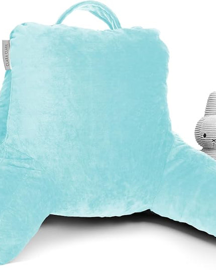 Clara Clark Reading Pillow for Kids, Small Back Pillow for Sitting Up in Bed, Memory Foam Back Support Pillow, Reading Pillows for Sitting in Bed, Light Blue Gaming Pillow with Arms and Pockets - LeafyLoom