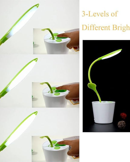 Flexible USB Touch Desk Lamp, Flexible Neck LED Desk Lamp 3 Level of Brightness Sapling Pot with Plant Pencil Holder for Office Study Reading (Dark Green) - LeafyLoom