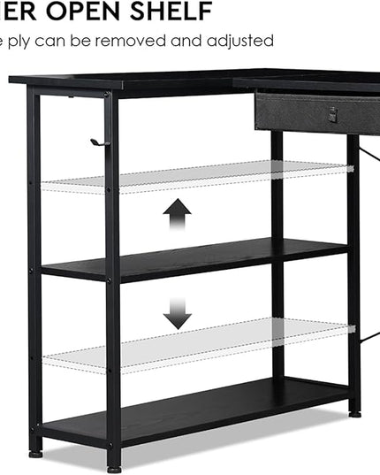 Ｍａｉｈａｉｌ Home Office Desk with Drawers and Shelves, 47” Computer Corner Desk for Small Space, Small L Shaped Desk with Side Storage for Bedroom, Black - LeafyLoom