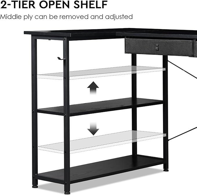 Ｍａｉｈａｉｌ Home Office Desk with Drawers and Shelves, 47” Computer Corner Desk for Small Space, Small L Shaped Desk with Side Storage for Bedroom, Black - LeafyLoom
