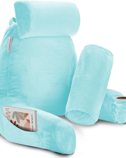 Clara Clark Reading Pillow, Large Back Pillow for Sitting Up in Bed, Memory Foam Back Support Pillow, Reading Pillows for Sitting in Bed Adult, Light Blue Sit Up Pillow for Bed with Arms and Pockets - LeafyLoom