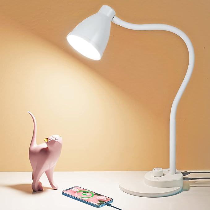 BOHON LED Desk Lamp with USB Charging Port, 3 Color Modes Dimmable Reading Lamp, Auto Dimming Task Lamp, Flexible Gooseneck Table Light for Dorm Bedside, Adapter Include, White - LeafyLoom
