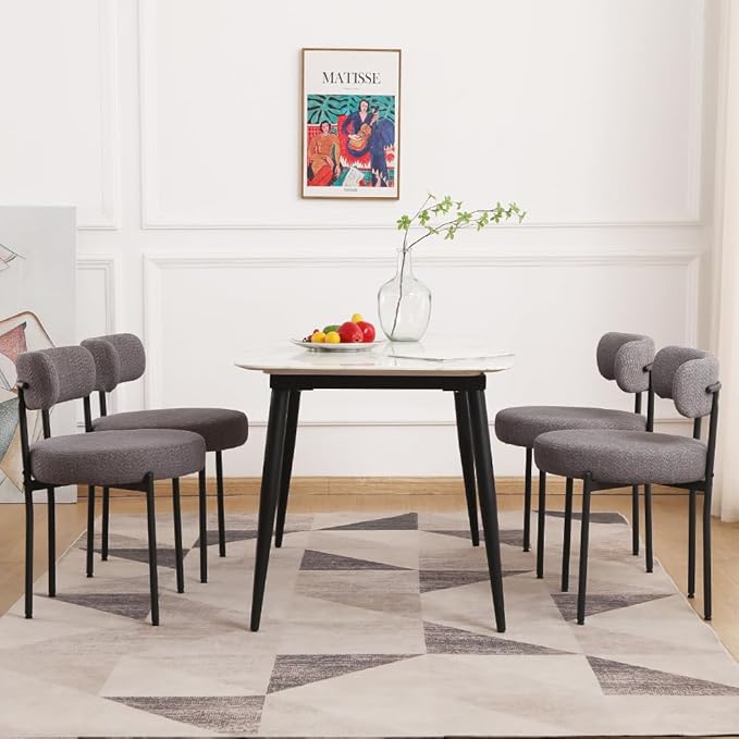EDWELL Boucle Dining Chairs Set of 4, Modern Upholstered Dining Room Chairs with Black Metal Legs, Dark Grey Curved Backrest Kitchen Chair for Dining Room, Living Room - LeafyLoom