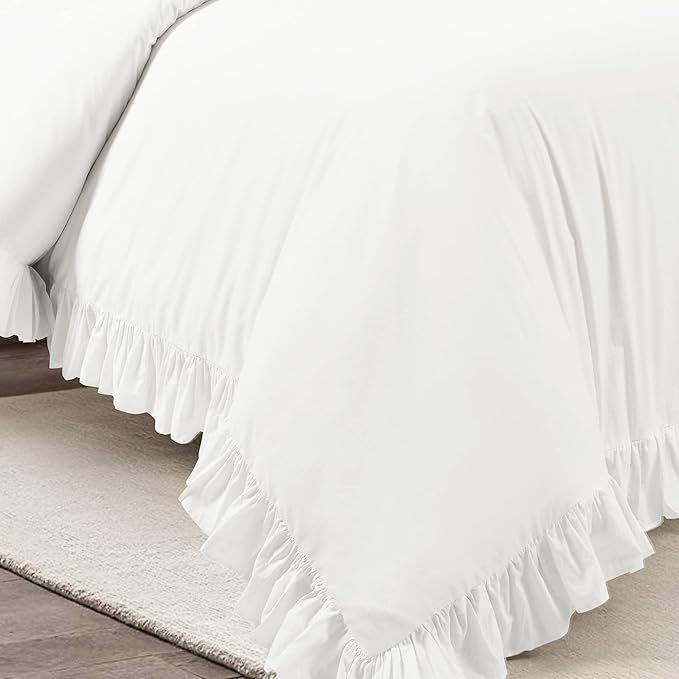 Lush Decor Reyna Ruffle 100% Cotton Duvet Cover Set - 3 Piece Cozy Ruffled Bedding Set - Timeless Elegance and Comfort - Full/ Queen, Pure White - LeafyLoom