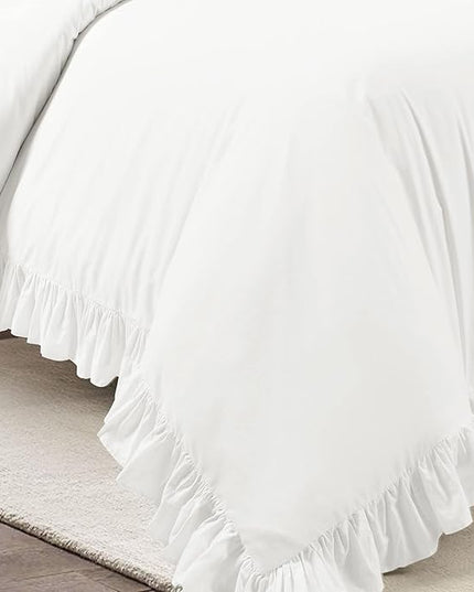 Lush Decor Reyna Ruffle 100% Cotton Duvet Cover Set - 3 Piece Cozy Ruffled Bedding Set - Timeless Elegance and Comfort - King, Pure White - LeafyLoom