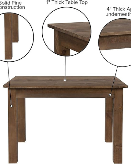 Flash Furniture HERCULES 46" x 30" Rectangular Antique Rustic Solid Pine Farm Dining Table - LeafyLoom