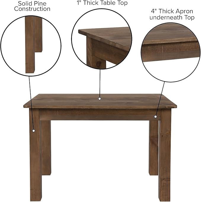 Flash Furniture HERCULES 46" x 30" Rectangular Antique Rustic Solid Pine Farm Dining Table - LeafyLoom