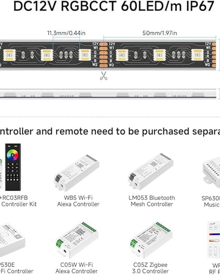 BTF-LIGHTING RGBCCT 5 Colors in 1 LED 5050SMD RGBWW RGB+Dimmable Tunable Color Temperature 2700K-6500K 16.4ft 60LEDs/m 300LEDs DC12V Multi-Colored Lights IP67 for Decoration(No Adapter or Controller) BTF-LIGHTING