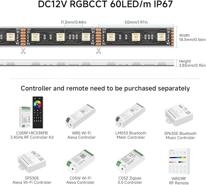 BTF-LIGHTING RGBCCT 5 Colors in 1 LED 5050SMD RGBWW RGB+Dimmable Tunable Color Temperature 2700K-6500K 16.4ft 60LEDs/m 300LEDs DC12V Multi-Colored Lights IP67 for Decoration(No Adapter or Controller) BTF-LIGHTING