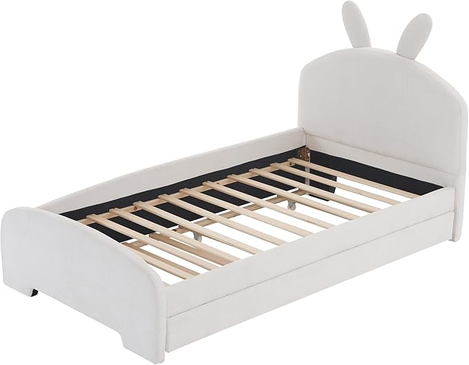 Twin Size Chenille Upholstered Platform Bed with Cartoon Ears Shaped Headboard and Twin-Size Trundle,Guardrail,Wood Bed-frame for Boys Girls,Bedroom Furniture for Children,White - LeafyLoom