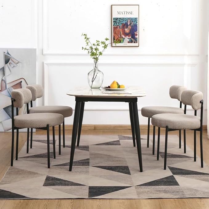 EDWELL Boucle Dining Chairs Set of 2, Round Upholstered Dining Room Chairs with Black Metal Legs, Modern Kitchen Dining Room Chairs for Kitchen, Living Room - LeafyLoom