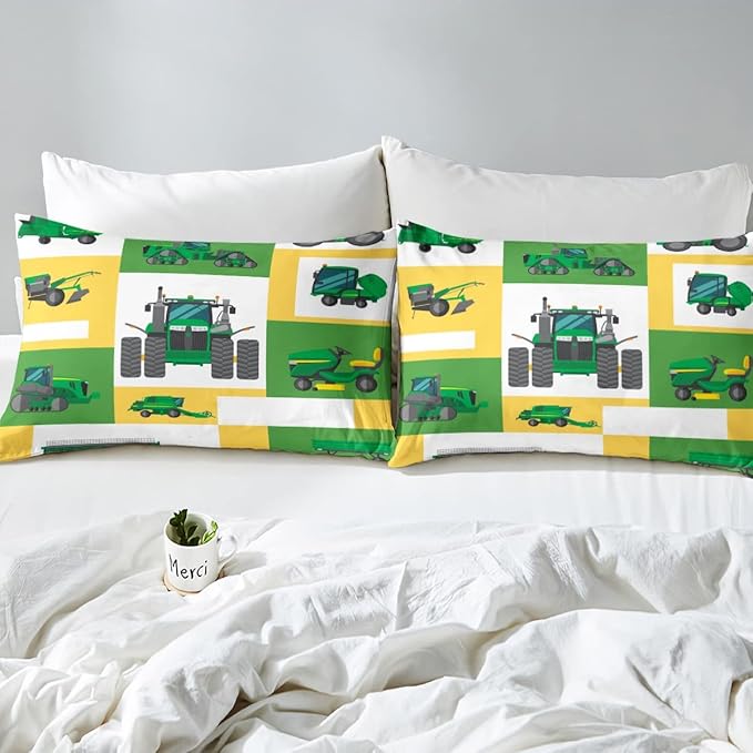 Erosebridal Kids Truck Comforter Set Full Size Boys Cartoon Tractor Down Comforter Excavator Construction Bedding Set Farmhouse Car Vehicle Duvet Set Bedroom Dorm Decor, Yellow Green - LeafyLoom