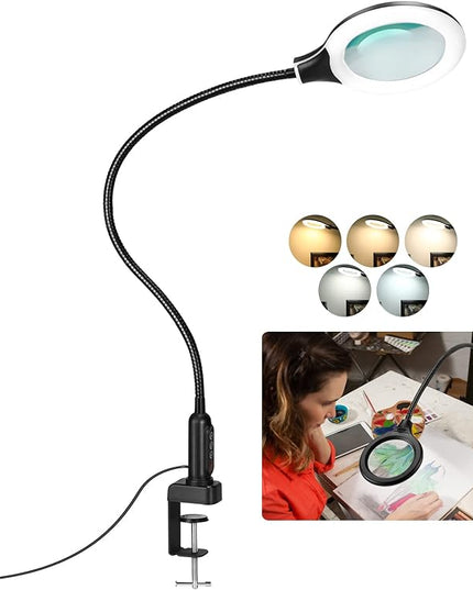 26" Gooseneck Magnifying Lamp with Clamp, 5 Color Modes Stepless Dimmable LED Desk Light with Magnifying Glass, 8X Real Glass Lighted Magnifier Hands Free for Painting Close Work Craft Hobby - LeafyLoom