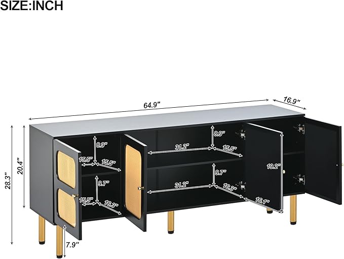 Merax Boho TV Stand with Rattan Door, Woven Media Console Table for Television Up to 70”, Country Style Design Side Board with Gold Metal Base for Living Room, 64.9" Length, Black - LeafyLoom