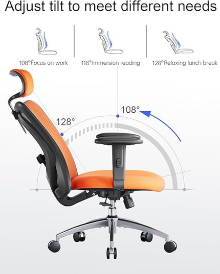 SIHOO M18 Ergonomic Office Chair for Big and Tall People Adjustable Headrest with 2D Armrest Lumbar Support and PU Wheels Swivel Tilt Function Orange - LeafyLoom