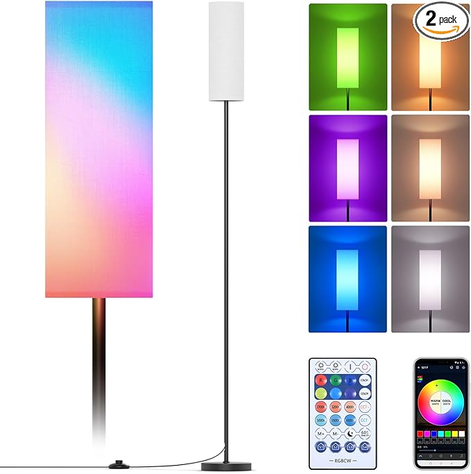 Floor Lamps for Living Room, Modern Floor Lamp with RGB LEDs Bulb,Standing Floor Lamp with App Control & Remote Control,Tall Reading Lamp for Bedroom, Living Room, White lampshade - LeafyLoom