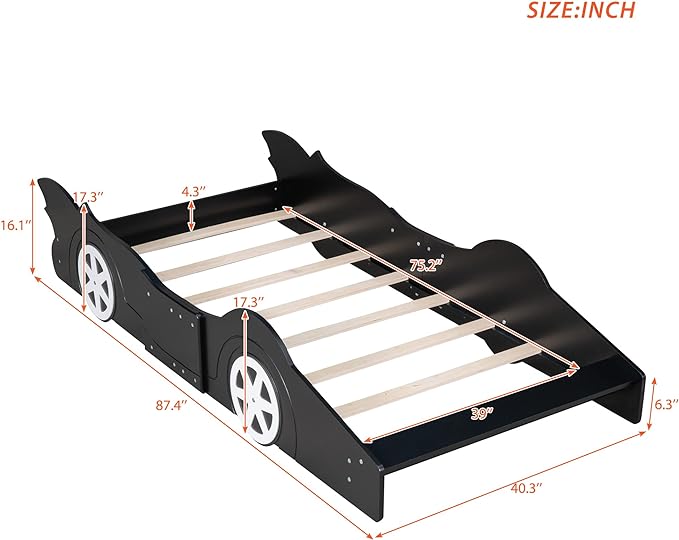 Car Shaped Toddler Bed with Wheels,Racecar Platform Beds W/Safety Guardrail,Slats Support,Stylish Design,Easy Assembly,Wood Twin Bedframe for Boys Toddlers Kids Teens Bedroom,Black - LeafyLoom