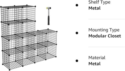 TUMUCUTE Wire Storage Cubes, Metal Storage Shelves Bookshelf, Stackable Modular Closet Organizer for Bedroom Living Room, Office, Black (12 Cubes, Iron) - LeafyLoom