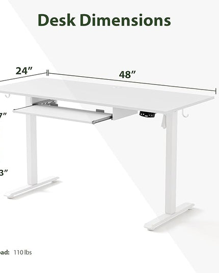 Height Adjustable Desk with Keyboard Tray, 48 x 24 Inches Electric Standing Desk, Stand up Computer Table with Memory Preset, Modern Lift Motorized Gaming Workstation, White - LeafyLoom