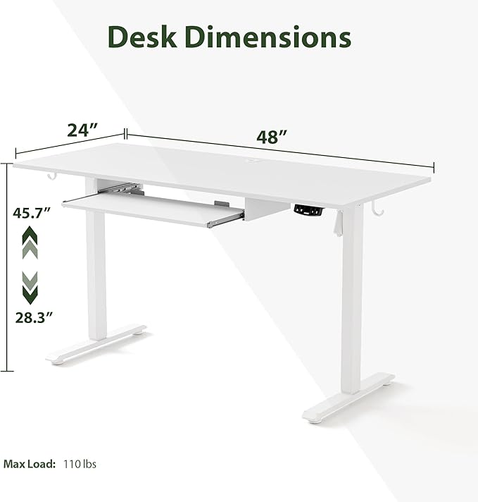 Height Adjustable Desk with Keyboard Tray, 48 x 24 Inches Electric Standing Desk, Stand up Computer Table with Memory Preset, Modern Lift Motorized Gaming Workstation, White - LeafyLoom