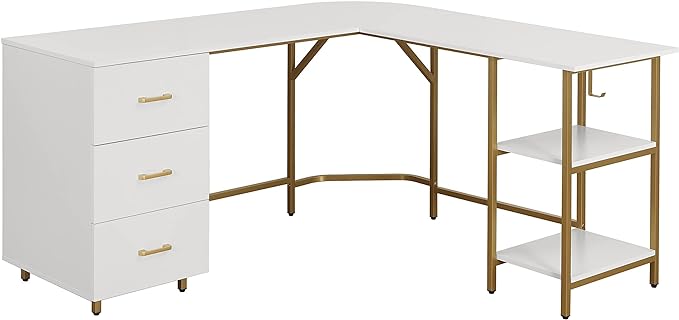 Techni Mobili L Shaped Desk - Two-Toned Computer Desk with Drawers & Storage Shelves - Simple Modern Furniture & Home Office Space Corner Table for Work & Writing - LeafyLoom