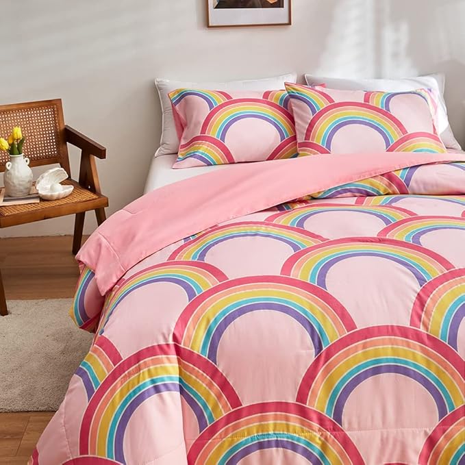 Feelyou Rainbow Glow in The Dark Comforter Set for Girls Kids Twin Pink Rainbow Bedding Set Super Soft Colorful Stripe Mermaid Scales Comforter Baby Girl Bedroom Pink Decor Bedding Quilted Duvet - LeafyLoom