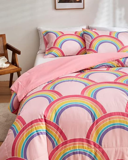 Feelyou Rainbow Glow in The Dark Comforter Set for Girls Kids Full Pink Rainbow Bedding Set Super Soft Colorful Stripe Mermaid Scales Comforter Baby Girl Bedroom Pink Decor Bedding Quilted Duvet - LeafyLoom