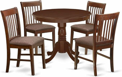 East West Furniture ANNO5-MAH-C 5 Piece Kitchen Set for 4 Includes a Round Room Table with Pedestal and 4 Linen Fabric Upholstered Dining Chairs, 36x36 Inch - LeafyLoom