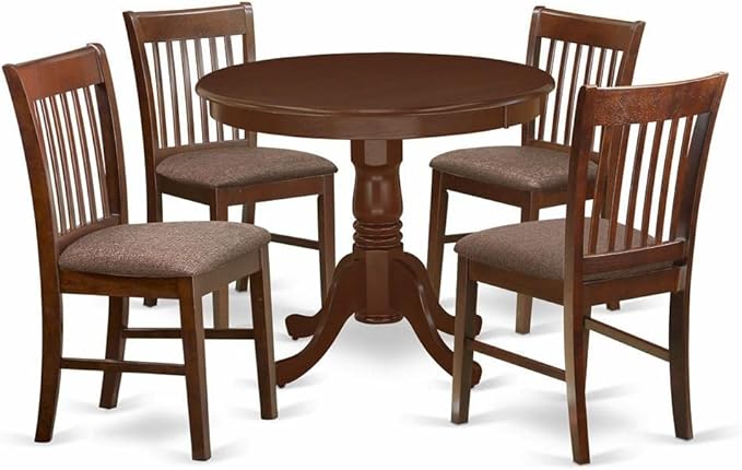 East West Furniture ANNO5-MAH-C 5 Piece Kitchen Set for 4 Includes a Round Room Table with Pedestal and 4 Linen Fabric Upholstered Dining Chairs, 36x36 Inch - LeafyLoom