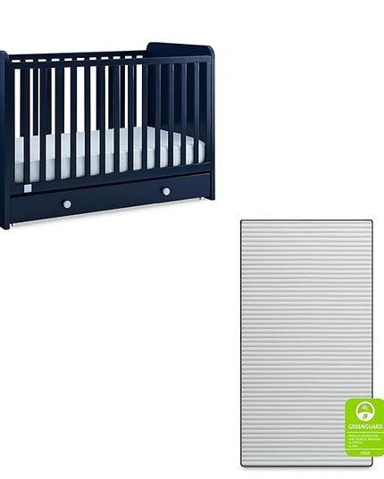 babyGap by Delta Children Graham 4-in-1 Convertible Crib with Storage Drawer TrueSleep Crib and Toddler Mattress (Bundle), Navy/Light Blue - LeafyLoom