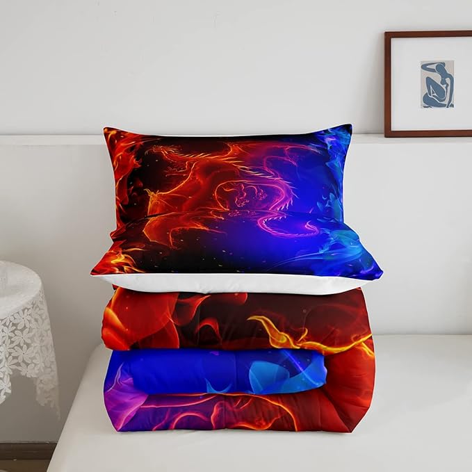 Erosebridal Dragon Comforter Set Nebula Bedding Set Twin Size Mysterious Outer Space Quilted Duvet Trippy Duvet Set for Kids Boys Girls Teens Young Man Room Decorative, Blue Red - LeafyLoom