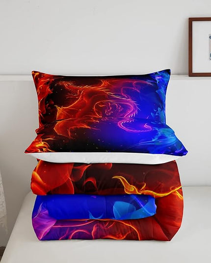 Erosebridal Dragon Comforter Set Nebula Bedding Set Queen Size Mysterious Outer Space Quilted Duvet Trippy Duvet Set for Kids Boys Girls Teens Young Man Room Decorative, Blue Red - LeafyLoom