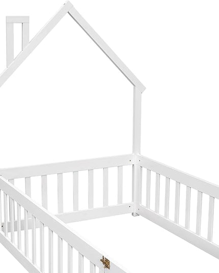 Twin Size Kids Montessori Floor Bed,House-Shaped Headboard Floor Bed for Kids,Floor Bed with Fence and Door,House Bed Twin Frame for Girls,Boys(Twin,White) - LeafyLoom