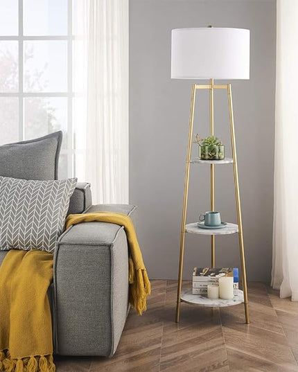 Floor Lamp, Standing Reading Light with Faux Marble Shelves and Fabric Shade, Modern Tall Pole, Accent Furniture Décor Lighting for Living Room, Bedrooms - LeafyLoom