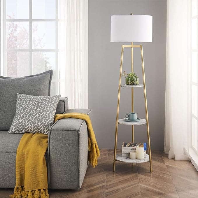 Floor Lamp, Standing Reading Light with Faux Marble Shelves and Fabric Shade, Modern Tall Pole, Accent Furniture Décor Lighting for Living Room, Bedrooms - LeafyLoom