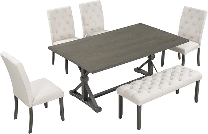 6-Piece Farmhouse Dining Table Set Wood Rectangular Tabletop, 4 Tufted Upholstered Chairs and Bench, for Dinette Room and Kitchen, Gray, 72" L x 42" W x 30" H - LeafyLoom