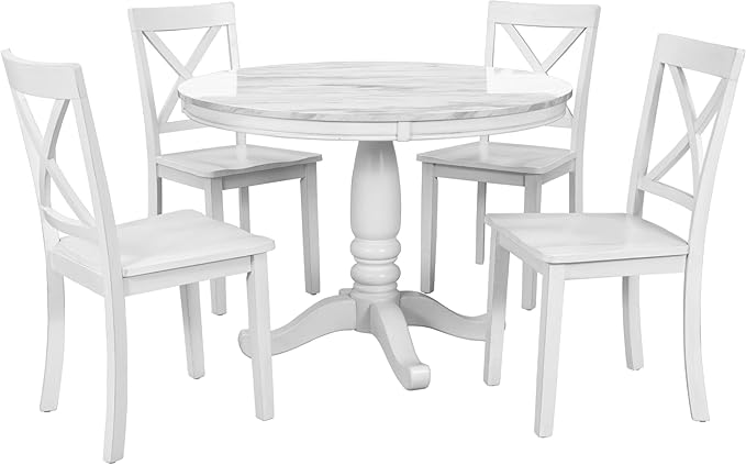 5-Piece Dining, Kitchen Set with Marble-Top Round Table and 4 Comfortable X Back Wood Chairs, Ensemble for Cozy Family Meals, White - LeafyLoom