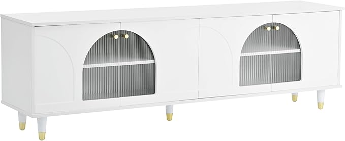 Merax Contemporary TV Stand with Adjustable Shelves, Gold Handles and Arch Fluted Glass Doors for Televisions Up to 78'', Stylish Media Console, Delicate Entertainment Center for Living Room, White - LeafyLoom