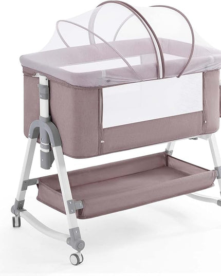 4 in 1 Baby Bassinet, Rocking Bassinets Bedside Sleeper with Comfy Mattress and Wheels, Height Adjustable Easy Folding Portable Bedside Crib for Newborn Infant,Khaki - LeafyLoom