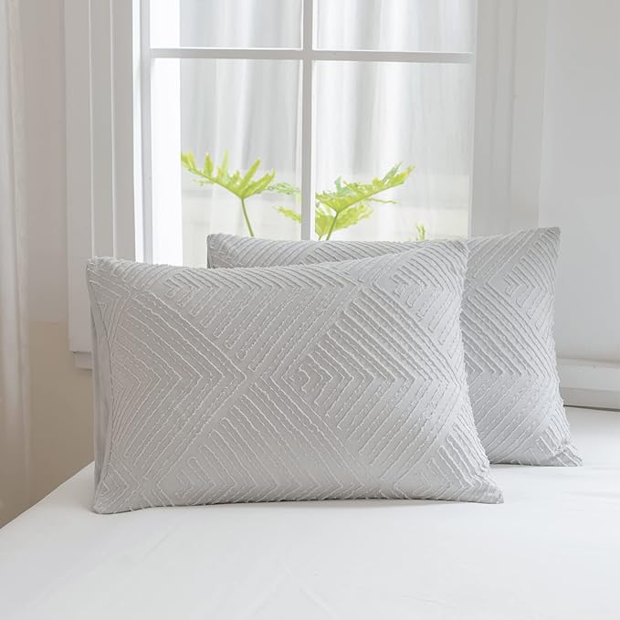 King Size Comforter Set Light Grey, Shabby Chic Tufted Design Boho Bedding Comforter Sets 3 Pieces (1 Comforter, 2 Pillowcases) - LeafyLoom