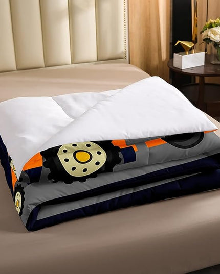 Kids Equipment Trucks Comforter Boys Excavators Bedding Set Construction Site Vehicle Car Decor Comforter Set Tractor Orange Black Grey QuiltCollection 3Pcs Full Size Boys - LeafyLoom