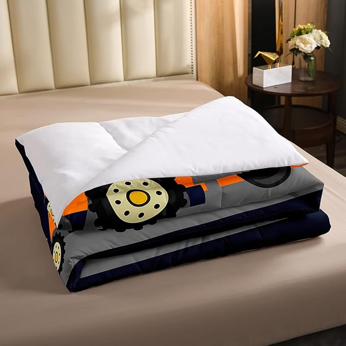 Kids Equipment Trucks Comforter Boys Excavators Bedding Set Construction Site Vehicle Car Decor Comforter Set Tractor Orange Black Grey QuiltCollection 3Pcs Full Size Boys - LeafyLoom