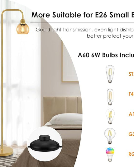 Modern Floor Lamp for Living Room with 6W LED Bulb, Industrial Floor Lamp, Amber Glass, Classic Reading Tall Lamp for Home Office, Standing Lamp for Study, Minimalist, Vintage, Mid Century, Brass Gold - LeafyLoom