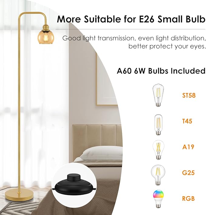 Modern Floor Lamp for Living Room with 6W LED Bulb, Industrial Floor Lamp, Amber Glass, Classic Reading Tall Lamp for Home Office, Standing Lamp for Study, Minimalist, Vintage, Mid Century, Brass Gold - LeafyLoom