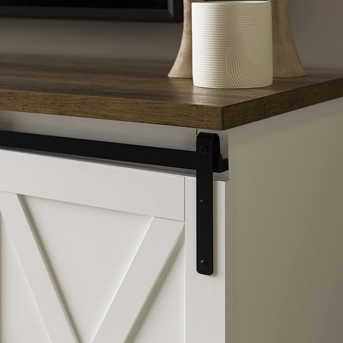 Walker Edison Richmond Modern Farmhouse Sliding Barn Door TV Stand for TVs up to 65 Inches, 58 Inch, White and Rustic Oak - LeafyLoom