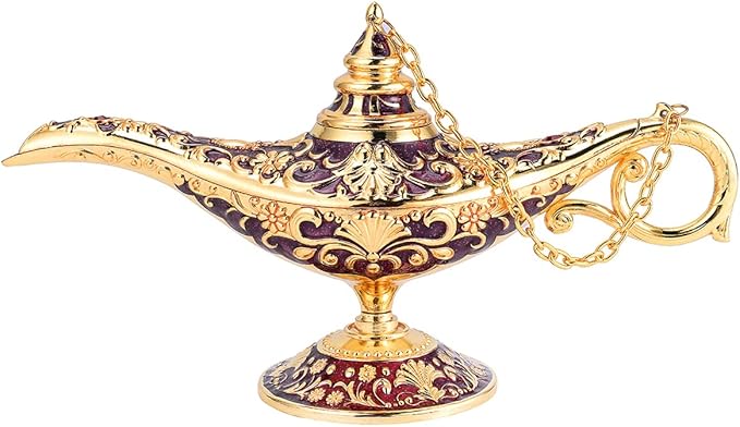 Classic Aladding Magic Genie Lamp Legend Wishing Light Costume Lamp Metal Carved Cone Incense Burner for Home Tabletop Decoration Party Birthday Halloween Christmas(Dark Purple) - LeafyLoom